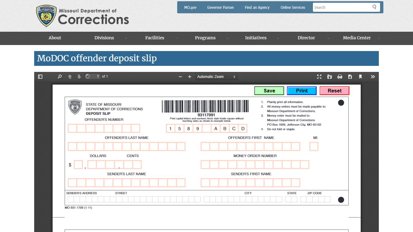 MoDOC offender deposit slip | Missouri Department of Corrections